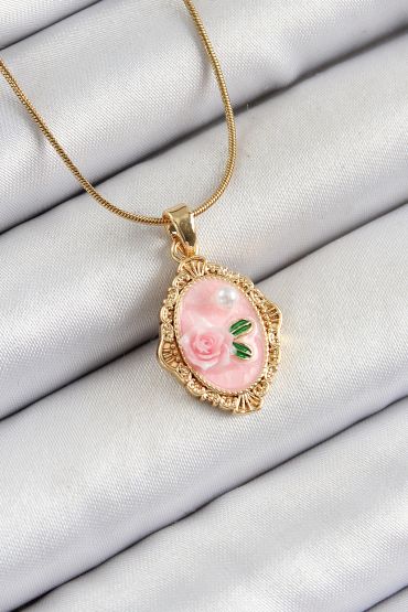 316L Çelik Zincir Pembe Sanatsal Portre İnci Detaylı Gül Figürlü Model Gold Renk Kadın Kolye - TJ-BKO10281
