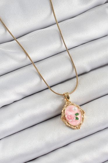 316L Çelik Zincir Pembe Sanatsal Portre İnci Detaylı Gül Figürlü Model Gold Renk Kadın Kolye - TJ-BKO10281