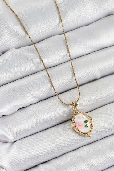 316L Çelik Zincir Beyaz Sanatsal Portre İnci Detaylı Gül Figürlü Model Gold Renk Kadın Kolye - TJ-BKO10282