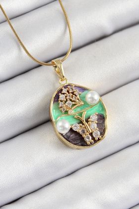 316L Çelik Zincir Zirkon Taşlı Yeşil Mor Sanatsal Portre İnci Detaylı Ağaç Ve Kelebek Figürlü Model Gold Renk Kadın K