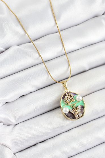 316L Çelik Zincir Zirkon Taşlı Yeşil Mor Sanatsal Portre İnci Detaylı Ağaç Ve Kelebek Figürlü Model Gold Renk Kadın K