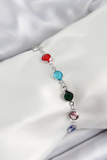 Pirinç Gümüş Renk Karışık Renk Zirkon Taşlı Kadın Bileklik - TJ-BB7046