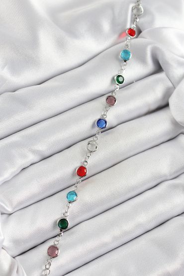 Pirinç Gümüş Renk Karışık Renk Zirkon Taşlı Kadın Bileklik - TJ-BB7046