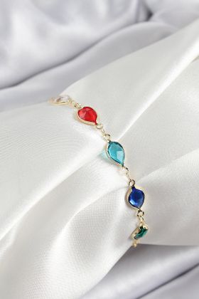 Pirinç Gold Renk Karışık Renk Damla Zirkon Taşlı Kadın Bileklik - TJ-BB7048