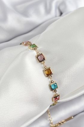 Pirinç Karışık Renk Kare Zirkon Taşlı Gold Renk Kadın Bileklik - TJ-BB7049