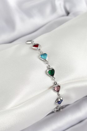 Pirinç Gümüş Renk Karışık Renk Kalp Zirkon Taşlı Kadın Bileklik - TJ-BB7052