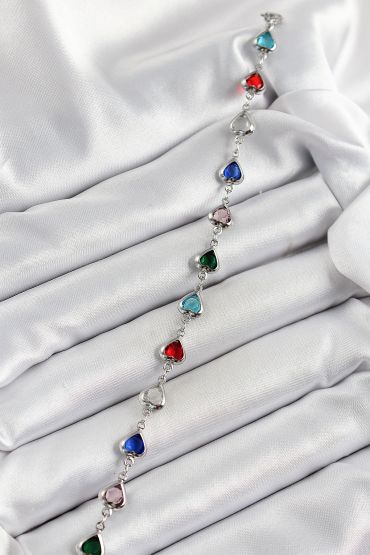 Pirinç Gümüş Renk Karışık Renk Kalp Zirkon Taşlı Kadın Bileklik - TJ-BB7052