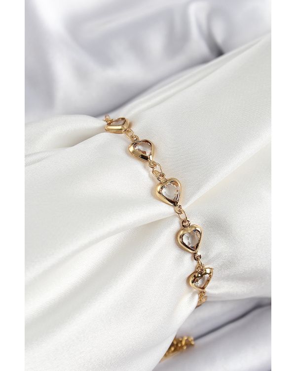 Pirinç Gold Renk Kalp Zirkon Taşlı Kadın Bileklik - TJ-BB7055