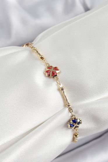 Pirinç Gold Renk Karışık Renk Yonca Zirkon Taşlı Kadın Bileklik - TJ-BB7056