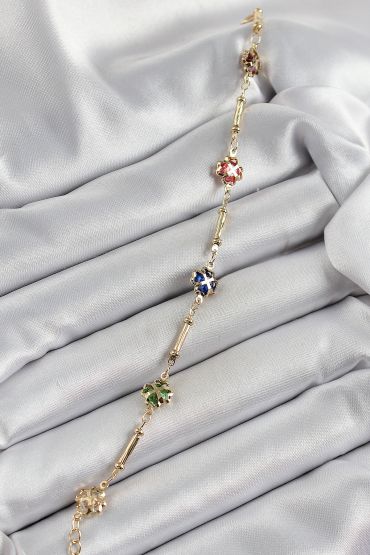 Pirinç Gold Renk Karışık Renk Yonca Zirkon Taşlı Kadın Bileklik - TJ-BB7056