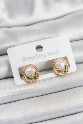 Pirinç Pembe Mineli Lale Figürlü Sanatsal Portre Model Gold Renk Kadın Küpe - TJ-BKP10672