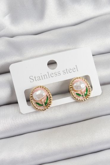 Pirinç Pembe Mineli Lale Figürlü Sanatsal Portre Model Gold Renk Kadın Küpe - TJ-BKP10672