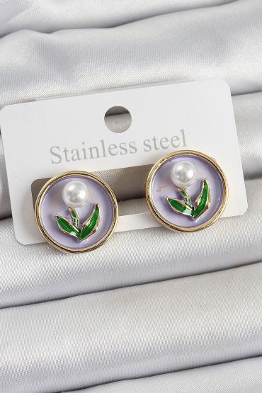 Pirinç Mor Mineli Lale Figürlü Sanatsal Portre Model Gold Renk Kadın Küpe - TJ-BKP10676