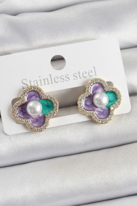 Pirinç Mor Mineli İnci Detaylı Zirkon Taşlı Sanatsal Portre Yonca Model Gold Renk Kadın Küpe - TJ-BKP10680