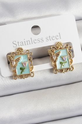 Pirinç Yeşil Mineli Sanatsal Portre Model Gold Renk Kadın Küpe - TJ-BKP10684