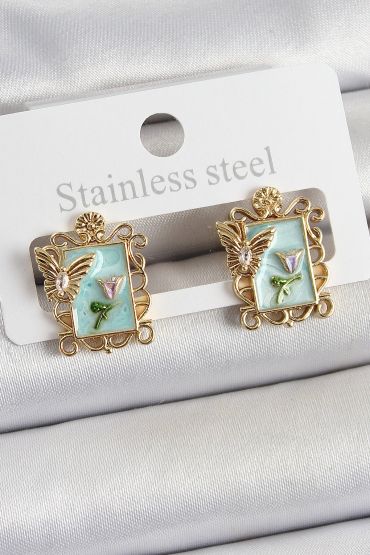 Pirinç Yeşil Mineli Sanatsal Portre Model Gold Renk Kadın Küpe - TJ-BKP10684