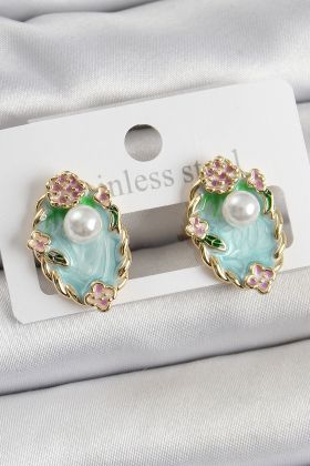 Pirinç Yeşil Mineli İnci Detaylı Sanatsal Portre Model Gold Renk Kadın Küpe - TJ-BKP10691