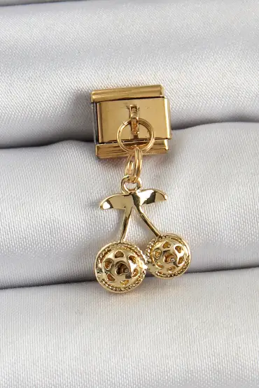 316L Çelik Sallantılı Zirkon Taşlı Fiyonk Model Gold Renk Nomination C316L Çelik Sallantılı Kiraz Model Gold Renk Nomina