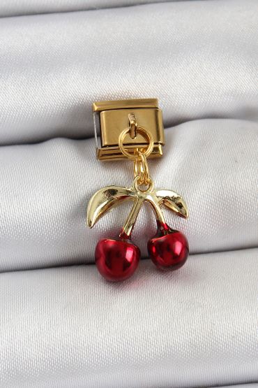 316L Çelik Sallantılı Kırmızı Kiraz Model Gold Renk Nomination Charm - TJ-BC1428