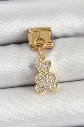 316L Çelik Sallantılı Zirkon Taşlı Ayıcık Model Gold Renk Nomination Charm - TJ-BC1432