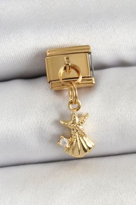 316L Çelik Sallantılı Zirkon Taşlı Deniz Yıldızı Ve İstiridye Model Gold Renk Nomination Charm - TJ-BC1438