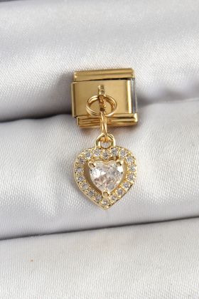 316L Çelik Sallantılı Zirkon Taşlı Kalp Model Gold Renk Nomination Charm - TJ-BC1442