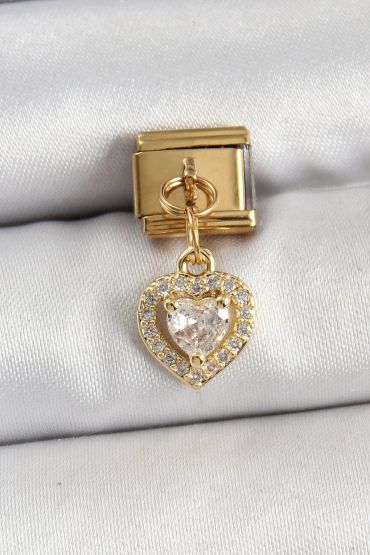 316L Çelik Sallantılı Zirkon Taşlı Kalp Model Gold Renk Nomination Charm - TJ-BC1442