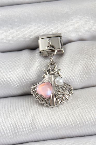 316L Çelik Sallantılı İnci Detaylı İstiridye Model Gümüş Renk Nomination Charm - TJ-BC1464