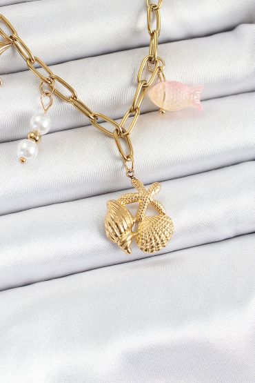 316L Çelik Gold Renk Deniz Yıldızı ve Deniz Kabuğu Konsept Kadın Kolye - TJ-BKO10294