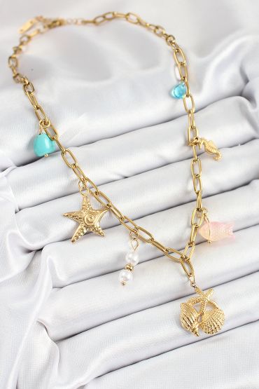 316L Çelik Gold Renk Deniz Yıldızı ve Deniz Kabuğu Konsept Kadın Kolye - TJ-BKO10294