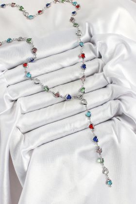 Pirinç Gümüş Renk Karışık Renk Zirkon Taşlı Kalpli Y Kadın Kolye - TJ-BKO10302