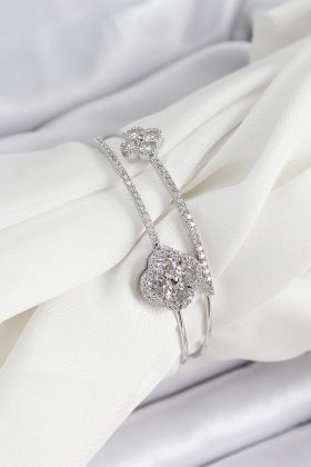 Pirinç Gümüş Renk Zirkon Taşlı Yonca Model 2'li Kadın Bileklik - TJ-BB7063