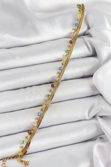 316L Çelik Gold Renk Karışık Renkli Kristal Taşlı Kadın Bileklik - TJ-BB7090