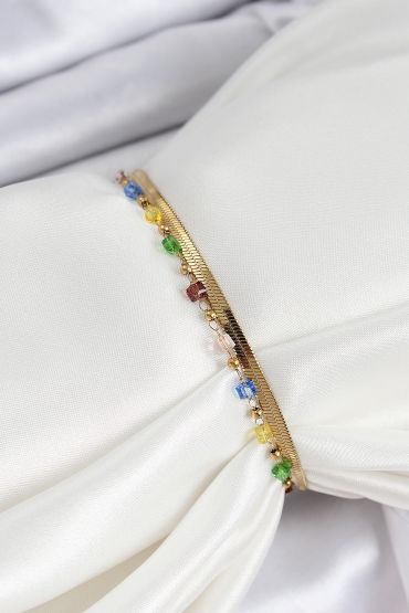 316L Çelik Gold Renk Karışık Renkli Kristal Taşlı Kadın Bileklik - TJ-BB7090