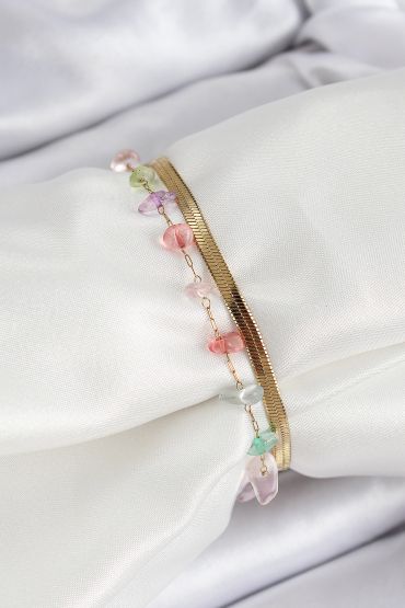316L Çelik Gold Renk Kristal Karışık Renkli Taşlı Kadın Bileklik - TJ-BB7091