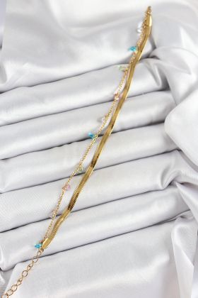 316L Çelik Gold Renk Karışık Renkli Kristal Taşlı 2'li Kadın Bileklik - TJ-BB7093