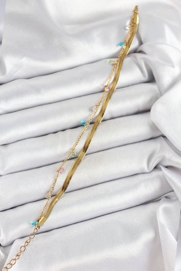 316L Çelik Gold Renk Karışık Renkli Kristal Taşlı 2'li Kadın Bileklik - TJ-BB7093