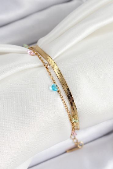 316L Çelik Gold Renk Karışık Renkli Kristal Taşlı 2'li Kadın Bileklik - TJ-BB7093