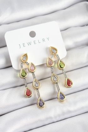 Pirinç Çoklu Damla Model Karşık Zirkon Taşlı Gold Ve Gümüş Renk Kadın Küpe - TJ-BKP10742