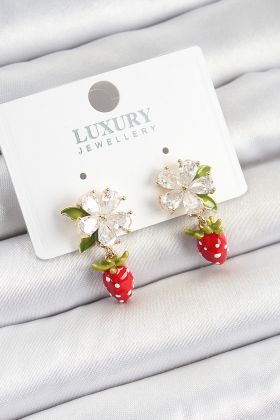 Pirinç Mineli Zirkon Taşlı Çiçek Model Sallantılı Çilek Detaylı Gold Renk Kadın Küpe - TJ-BKP10747