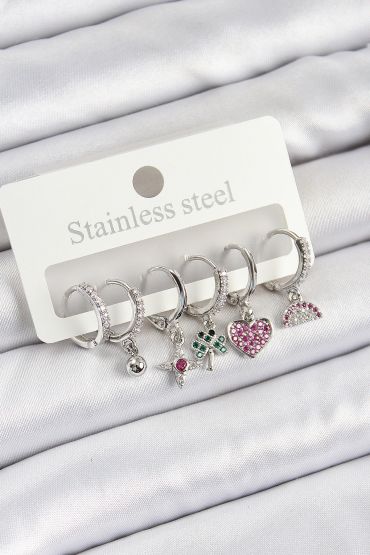 Pirinç Zirkon Taşlı Karpuz Yonca Kalp Pusula Karışık Model Gümüş Renk 6'lı Set Kadın Küpe - TJ-BKP10757