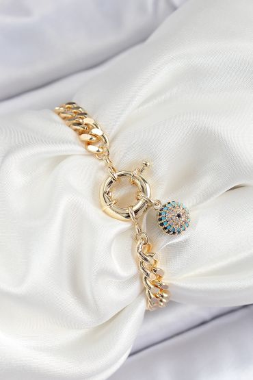 Pirinç Nazar Model Zirkon Taşlı Gold Renk VİP Seri Kadın Bileklik - TJ-BB7210