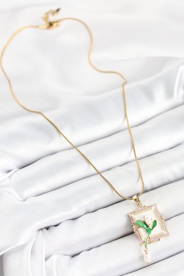 316L Çelik Zincir Beyaz Sanatsal Portre Sallantılı İnci Detaylı Lale Model Gold Renk Kadın Kolye - TJ-BKO10308