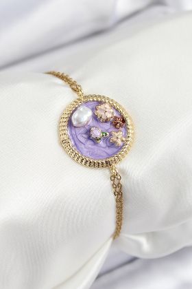 316L Çelik Zincir Mor Mineli Sanatsal Portre İnci Detaylı Çiçek Model Gold Renk Kadın Bileklik - TJ-BB7228