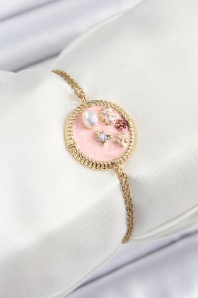 316L Çelik Zincir Pembe Mineli Sanatsal Portre İnci Detaylı Çiçek Model Gold Renk Kadın Bileklik - TJ-BB7229