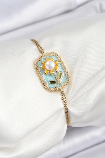 316L Çelik Zincir Turkuaz Mineli Sanatsal Portre İnci Detaylı Papatya Model Gold Renk Kadın Bileklik - TJ-BB7230
