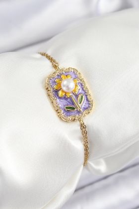 316L Çelik Zincir Mor Mineli Sanatsal Portre İnci Detaylı Papatya Model Gold Renk Kadın Bileklik - TJ-BB7231