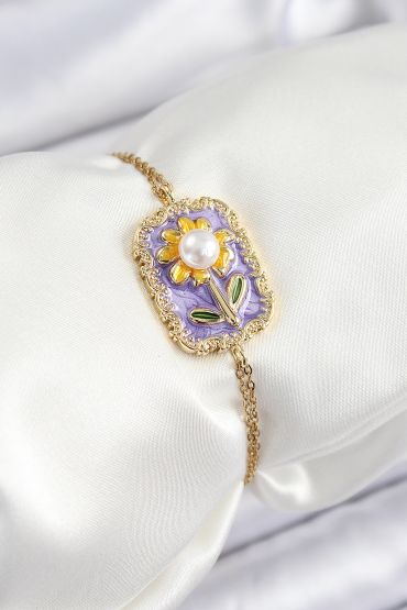 316L Çelik Zincir Mor Mineli Sanatsal Portre İnci Detaylı Papatya Model Gold Renk Kadın Bileklik - TJ-BB7231