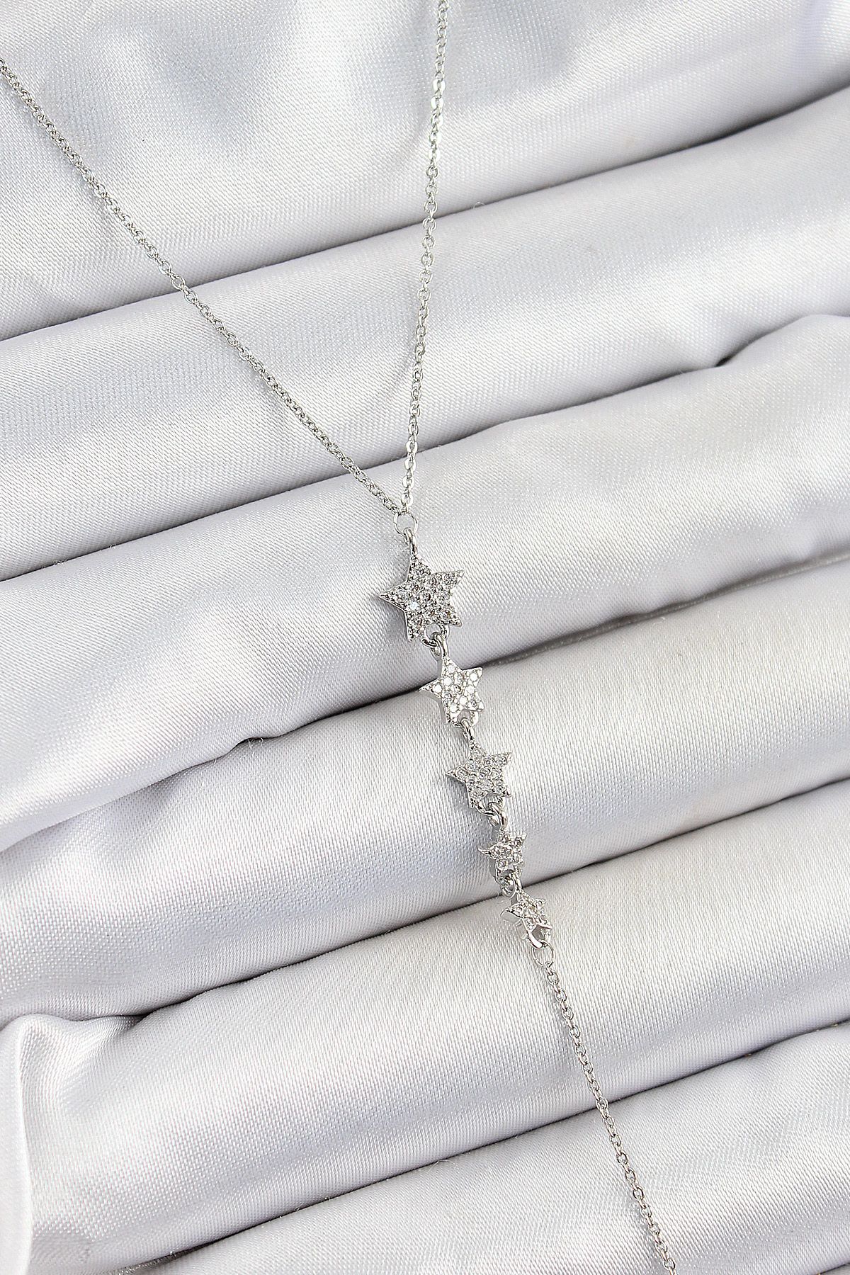 Pirinç Zirkon Taşlı Sıralı Yıldız Figürlü Y Model Gümüş Renk Kadın Kolye - TJ-BKO10313