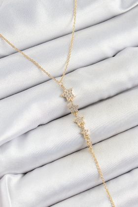 Pirinç Zirkon Taşlı Sıralı Yıldız Figürlü Y Model Gold Renk Kadın Kolye - TJ-BKO10314